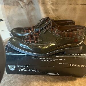 baldwin Dark Brown Leather Wingtip Oxfords with Croc-Texture Accents